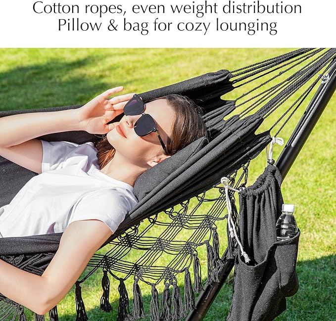 PNAEUT Handmade Tassel Hammocks Double Hammock with Stand for Outside Indoor Outdoor Max 450 lbs Capacity Pillow &amp Storage Bag Included (Black)