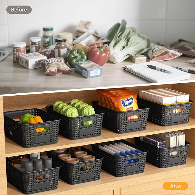 Black Plastic Storage Baskets - Pack of 8 with Labels Stackable Durable Storage Bins Storage Containers for Organizing Desktops Closets Playrooms Classrooms Offices
