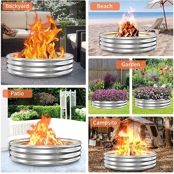 60 Inch Extra Large Fire Pit Ring for Outside Heavy Duty Wood Burning Firepits &amp Outdoor Fireplace12'' Tall High Heat Resistant Fire Bowl Galvanized Steel Portable for Backyard BonfirePatioCam