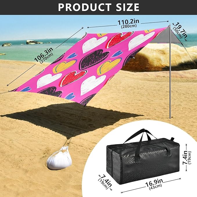 Beach Canopy with Windproof Ropes &amp Sandbags Beach Tent Sun Shade Sun Shelter for Camping Trips Fishing Backyard Fun or Picnics Heart
