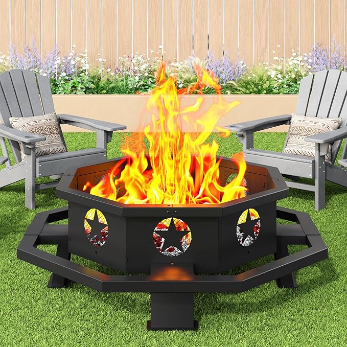 43 inch Fire Pit Outdoor Wood Burning Fire Pit Octagonal Heavy Duty Firepit for Camping Backyard Patio Black