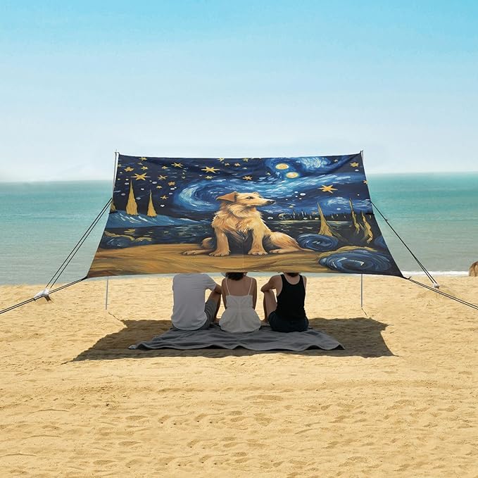 ALAZA Dog Starry Sky Art Beach Tent Sun Shelter UPF50+ Protection Beach Shade Canopy w/ 4 Sandbags for Outdoor Camping Fishing Backyard Fun Picnic 10x9 ft