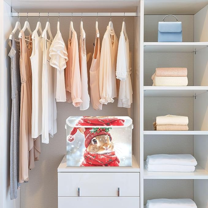 AIXIWAWA Lidded Storage Cube (Bunny Christmas) Fabric Foldable Closet Bins with Flip Lid and Handles Organizer Basket Container 16.5 x 12.6 x 11.8 IN