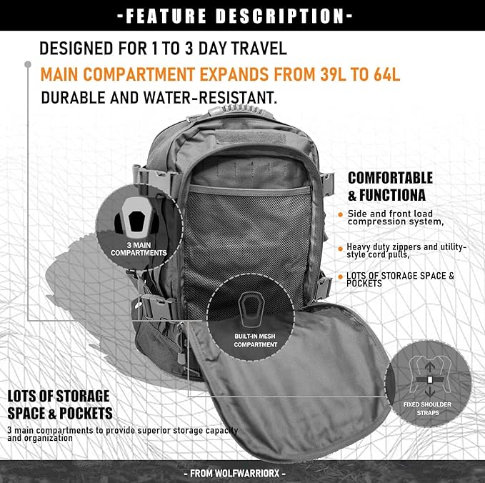 Miramrax Tactical Backpack Military Army Daypack - Assault Pack for Men Molle Backpacks Bug Out Bag 3 Day Pack for Hiking Camping Travel Hunting Rucksack Trekking Grey