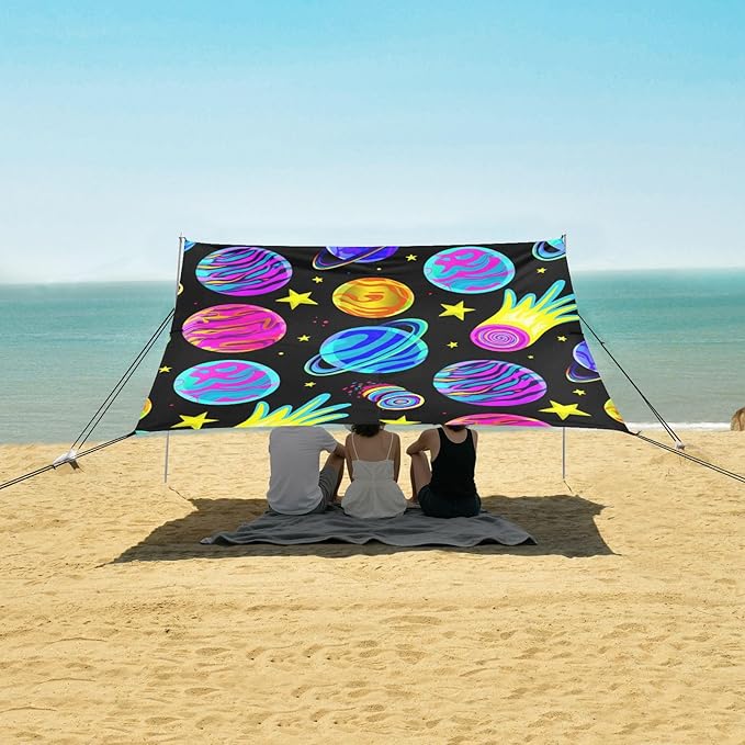 Beach Canopy with Windproof Ropes &amp Sandbags Beach Tent Sun Shade Sun Shelter for Camping Trips Fishing Backyard Fun or Picnics Planet