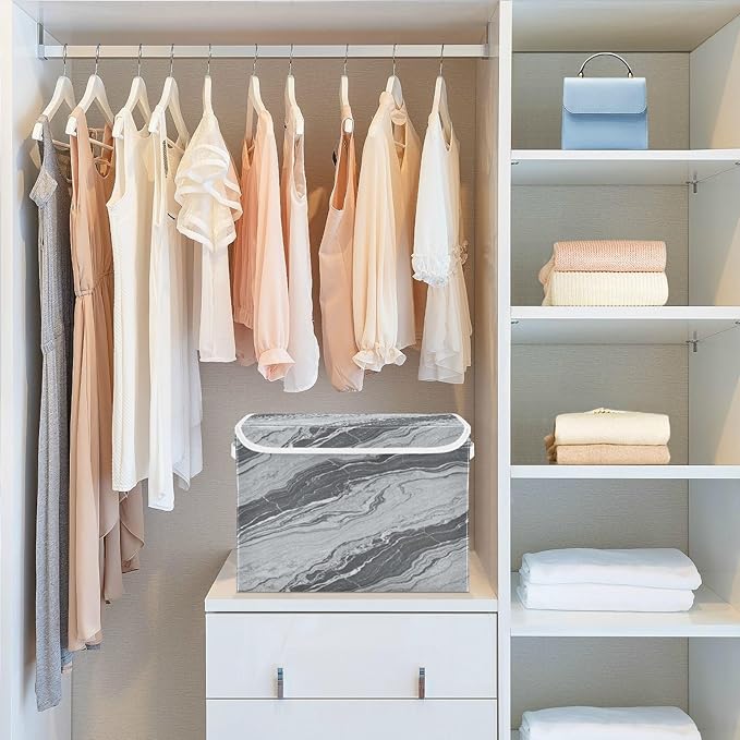 Storage Bins With Lid Stackable Fabric Closet Organizer Clothing Storage Large Boxes For Closet Shelves Bedroom Dark Grey Marble