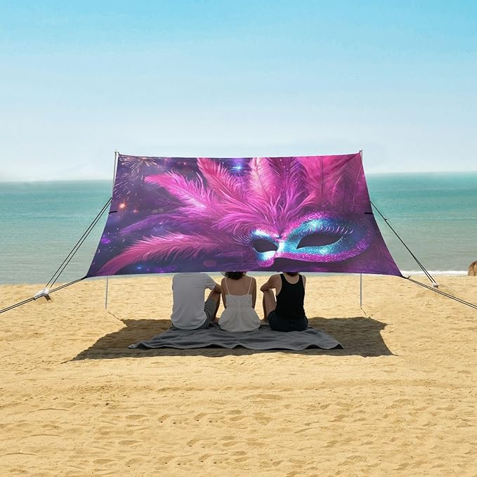 Carnival Masquerade Mask Pattern Beach Tent Sun Shelter Set UPF50+ UV Protection 10.5 x 9.19 FT Camping Shade Canopy with Sandbags Sand Anchors Carrying Bag and Others