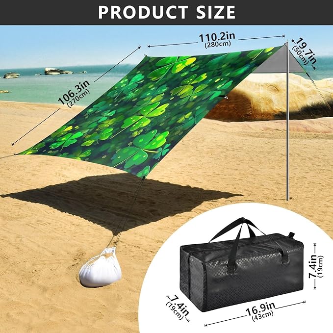 St Patrick's Day Clovers Beach Tent Sun Shelter Set UPF50+ UV Protection 10.5 x 9.19 FT Camping Shade Canopy with Sandbags Sand Anchors Carrying Bag and Others