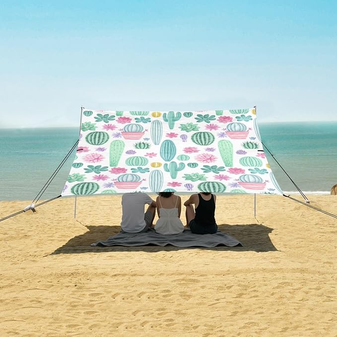 Beach Canopy with Windproof Ropes &amp Sandbags Beach Tent Sun Shade Sun Shelter for Camping Trips Fishing Backyard Fun or Picnics Cactus