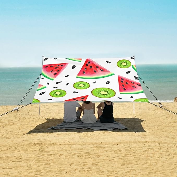 xigua Watermelon Slices Beach Tent Sun Shelter with Carrying Bag - Silver Coated Oxford Fabric Beach Canopy for Beach Camping Fishing - Includes Windproof Ropes Sandbags &amp Stakes