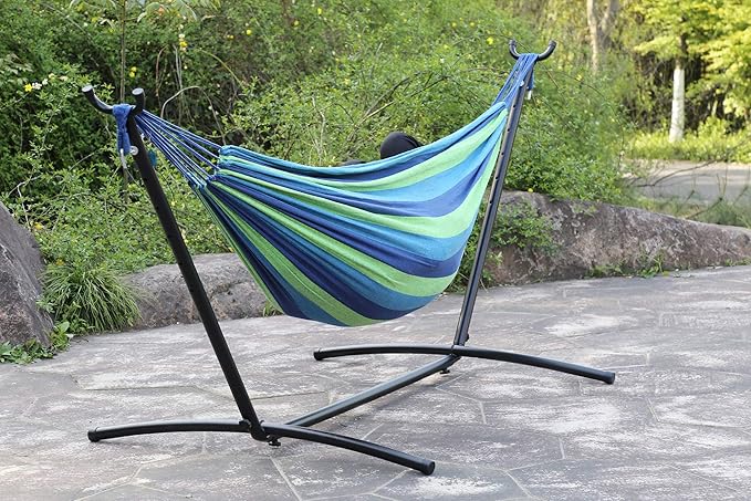 9Ft Portable Solid Steel Heavy Duty Stand Hammock with Carrying Case 2 Person Large Durable and Stable Best Hammock Stands for Indoor or Outdoor Backyard Decor Bed Patio Lawn Garde - Blue 300 Lb