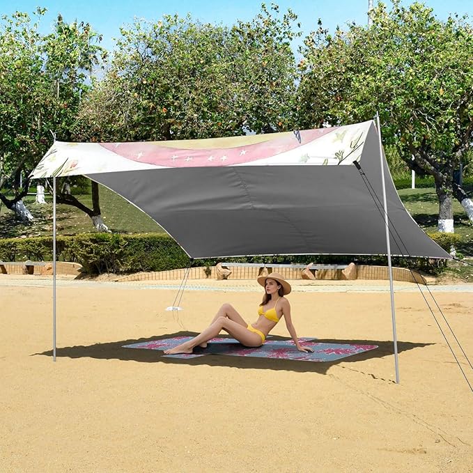 Rainbow Unicorns Flowers Beach Cabana Tent UPF50+ Protection Water-Resistant Sun Shelter with Sand Shovel for Backyard and Camping