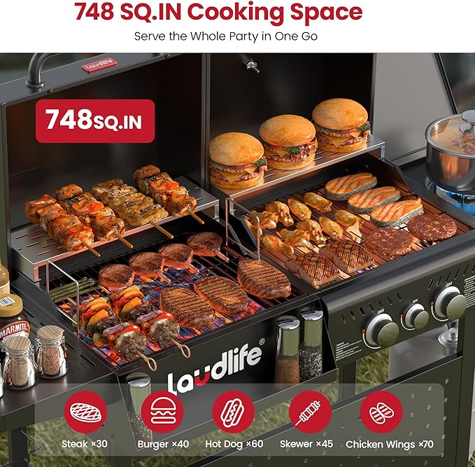 Gas and Charcoal Grill Combo with Side Burner 3 Burners Propane BBQ Grill 748 SQ.IN Cooking Space Non-Stick Enamel Coating Grates Heavy-Duty Stand for Backyard &amp Outdoor Barbecue