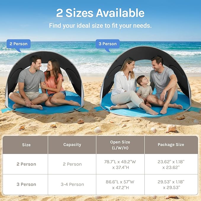 Wolfwise Pop up Beach Tent Sun Shelter with UPF50+ UV Protection Instant Easy Setup Popup Beach Shade Canopy for 3 Person Portable &amp Foldable with Carring Bag 87 ×57×47 in Black Coating