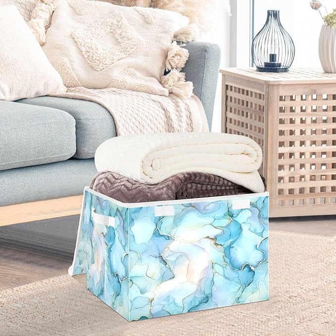 senya Large Storage Bins with Linen Ink Border Collapsible Foldable Storage Cubes Fabric Closet Organizer Containers Box with Flip-Top Lid for Home Bedroom Office 16.7 x 12.6 x 11.8in