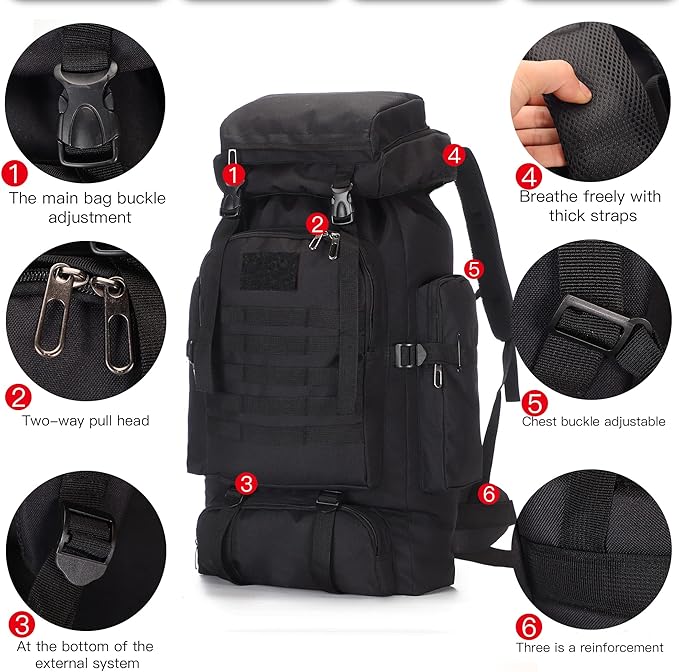 100L Tactical Military Backpack for Men - Waterproof Hiking &amp Hunting Pack with MOLLE System Adjustable Suspension Survival Gear Compartment - Outdoor Camping Trekking Travel Backpack