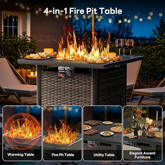 28 Inch Outdoor Propane Fire Pit Table 50000 BTU Square Rattan Propane Fire Pit with Steel Tabletop &amp Removable Lid 4-in-1 Gas FirePit Table with Glass Stones for Patio Backyard