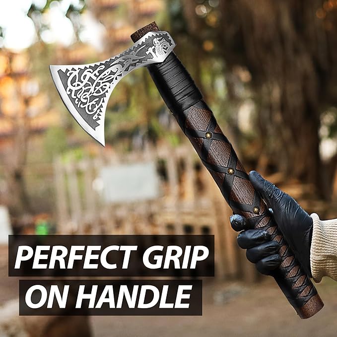 SHINY CRAFTS® Norse Viking Axe with Leather Sheath – Hand-Forged Bearded Hatchet Tomahawk Axe for Camping Survival Woodcutting Unique Gift for Him Husband Dad Groomsmen (Black-VBA-04)