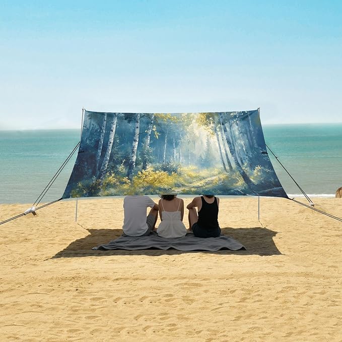 Sunlight Forest Pattern Beach Tent Sun Shelter Set UPF50+ UV Protection 10.5 x 9.19 FT Camping Shade Canopy with Sandbags Sand Anchors Carrying Bag and Others