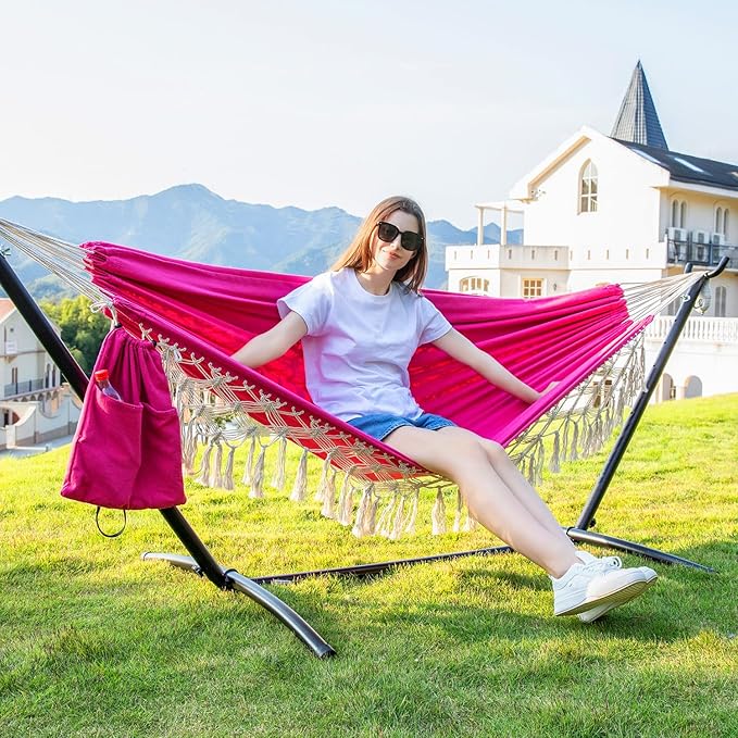 PNAEUT Handmade Tassel Hammocks Double Hammock with Stand for Outside Max 450 lbs Capacity Pillow &amp Storage Bag Included (Pink)