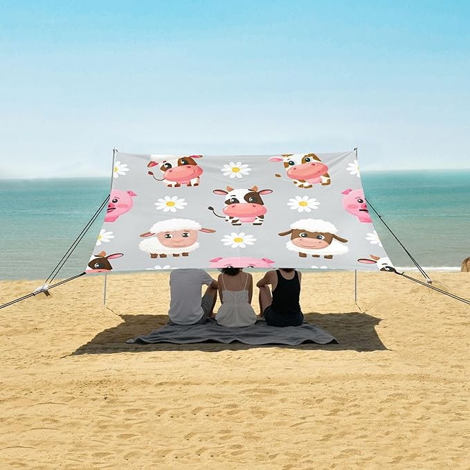 Cartoon Cows and Sheep Beach Canopy Sun Shelter with Sandbags &amp Sand Shovel &amp Windproof Ropes - Portable 110x126 Beach Shade Beach Tent for Camping Picnics