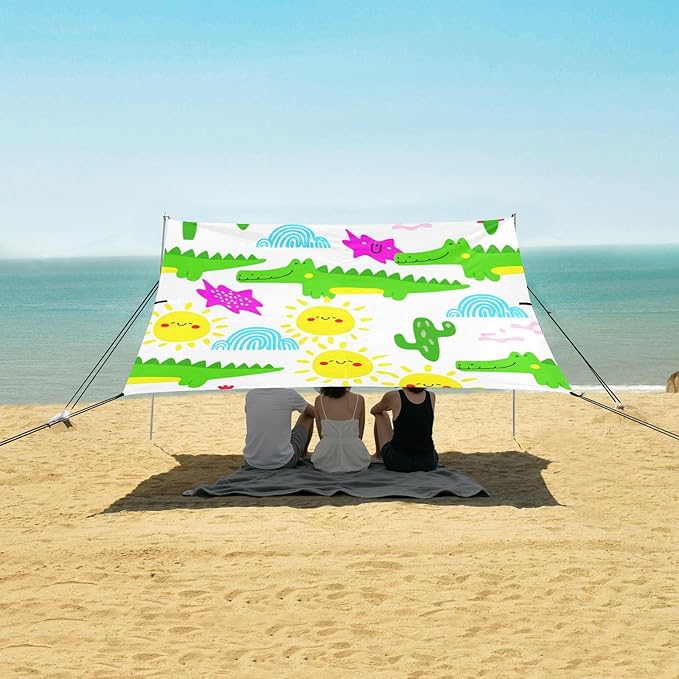 xigua Crocodiles Beach Tent Sun Shelter with Carrying Bag - Silver Coated Oxford Fabric Beach Canopy for Beach Camping Fishing - Includes Windproof Ropes Sandbags &amp Stakes