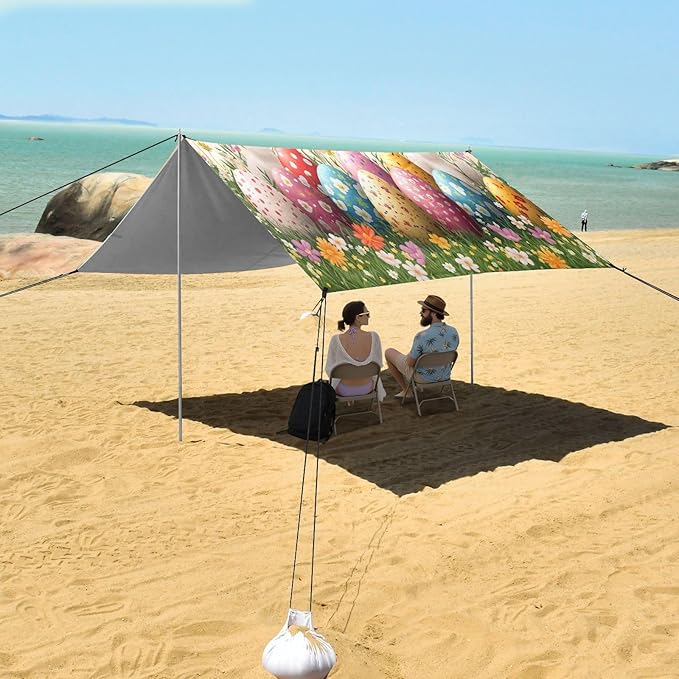 Easter Eggs Spring Meadow Beach Tent Sun Shelter Set UPF50+ UV Protection 10.5 x 9.19 FT Camping Shade Canopy with Sandbags Sand Anchors Carrying Bag and Others