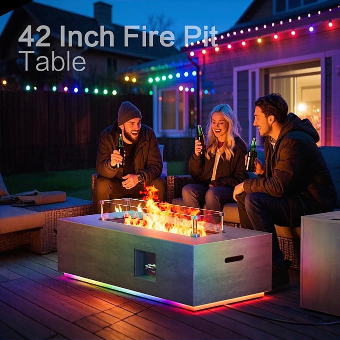 42 Outdoor Fire Pit Table 50000 BTU Gas Fire Pit with Glass Wind Guard Fire Stones Waterproof Cover Propane Fire Pit Table for Outside Patio (RGB Light Brown)