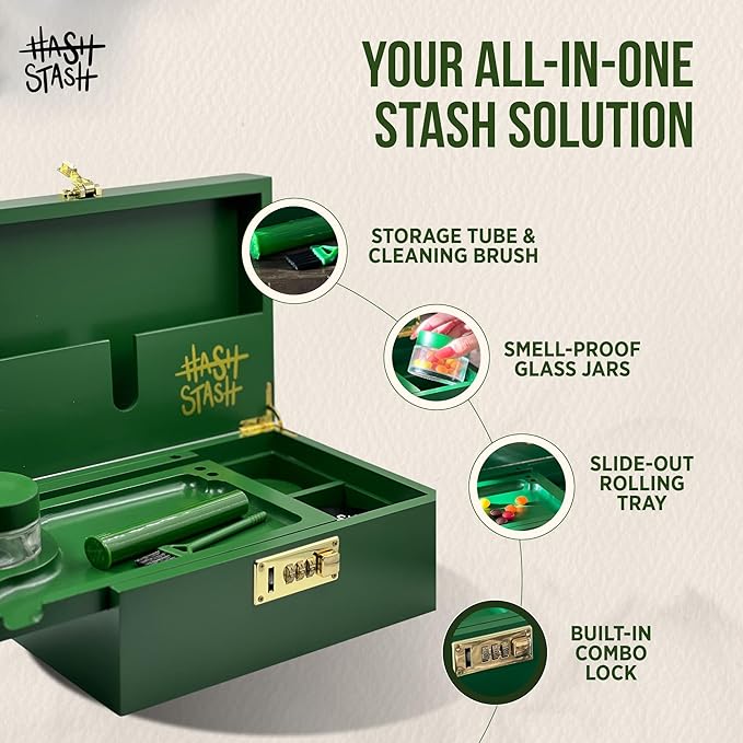 The OG Stash Storage Box - Large Bamboo Box with Combination Lock Magnetic Lid Organizer Tray 3 Jars and Brush - Portable Decorative Wooden Lock Kit with Accessories (Green/Gold)