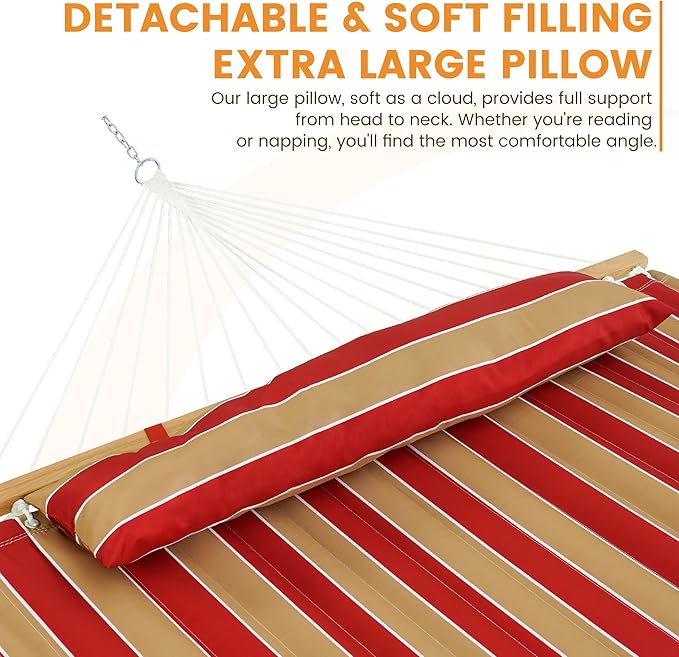 Lazy Daze Hammocks Hammock Quilted Fabric with Pillow for Two Person Double Size Spreader Bar Heavy Duty Stylish Red &amp Tan Stripe