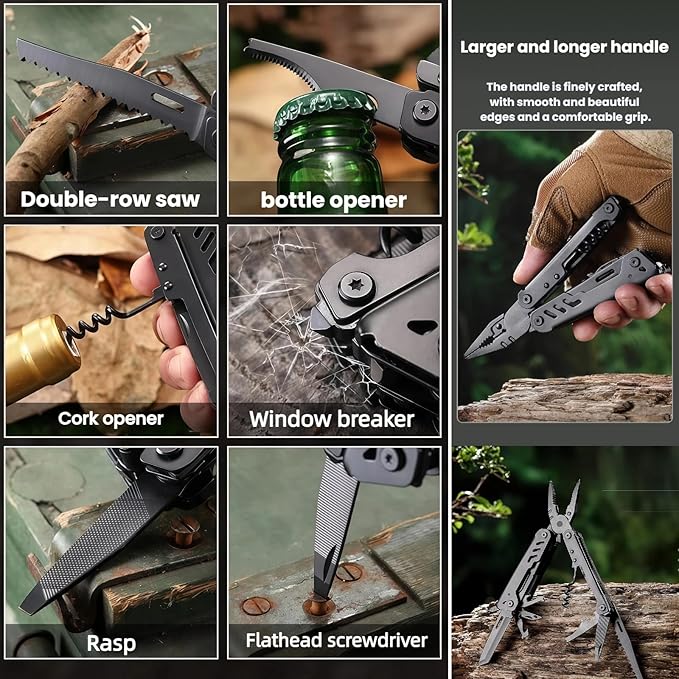 Multi Tool 16-in-1 Full-Size Lightweight EDC Camping Essentials Multi-Purpose Pliers Tools Knives Nylon Bag Tactical Gear Mens Gifts Ideas Gifts for Hunters Men who have Everything Silver