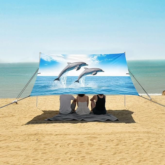 Dolphin Beach Canopy Sun Shelter with Sandbags &amp Sand Shovel &amp Windproof Ropes - Portable 110x126 Beach Shade Beach Tent for Camping Picnics