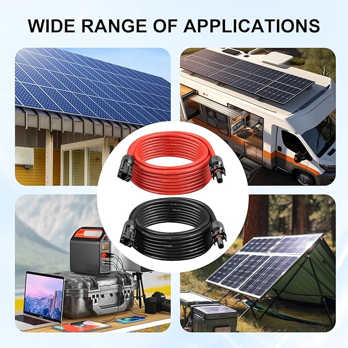 MOOKEERF Solar Panel Extension Cable - 10AWG 100FT PV Wire with Waterproof Female &amp Male Connectors for RV Home Boat Car (Red + Black)