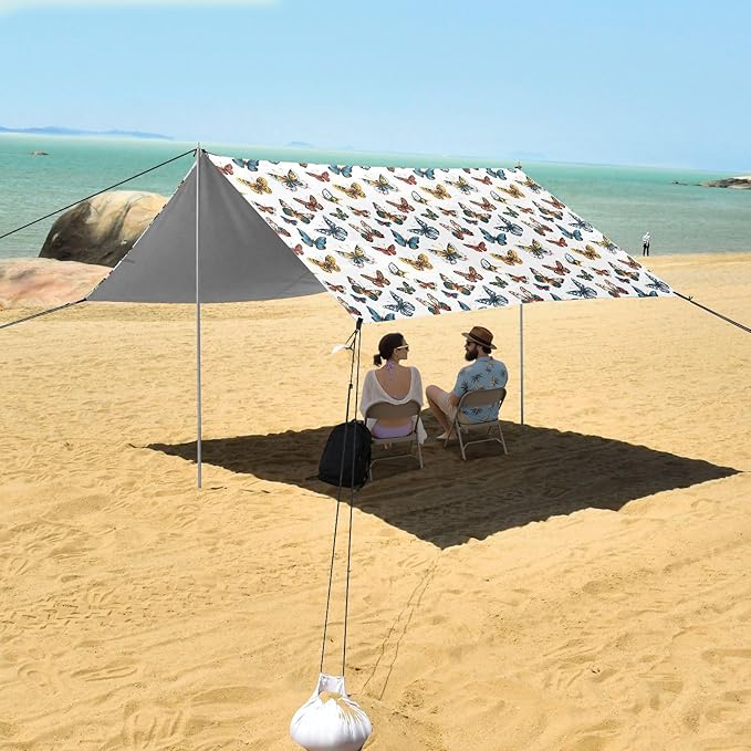 ALAZA Colorful Butterflies Beach Tent Sun Shelter UPF50+ Protection Beach Shade Canopy w/ 4 Sandbags for Outdoor Camping Fishing Backyard Fun Picnic 10x9 ft