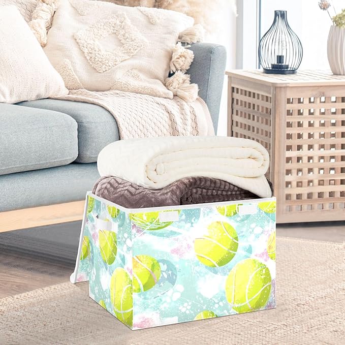 Yellow Blue Pink Tennis Fresh Storage Box with Lid 1 PC Foldable Storage Bin with Lids Stackable Storage Bins Cube Closet Organizer Basket with Flip-Top Lid &amp Handles for Shoes Books Towels