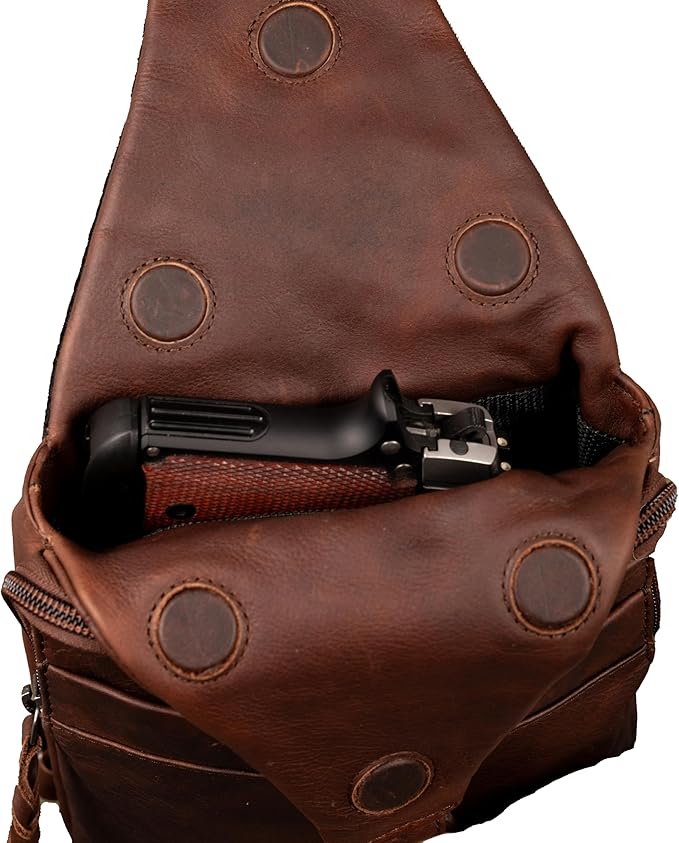 Lady Conceal - Dakota Unisex Leather Concealed Carry Sling Bag - Medium Frame Handgun - Concealment pockets with Magnetic Closure and Universal Holster Backpack (Dark Brown) - 7 L x 15 H x 2 D