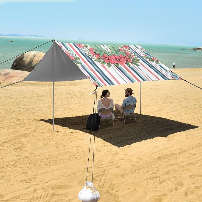 Frog and Stripes Beach Tent Sun Shelter Set UPF50+ UV Protection 10.5 x 9.19 FT Camping Shade Canopy with Sandbags Sand Anchors Carrying Bag and Others