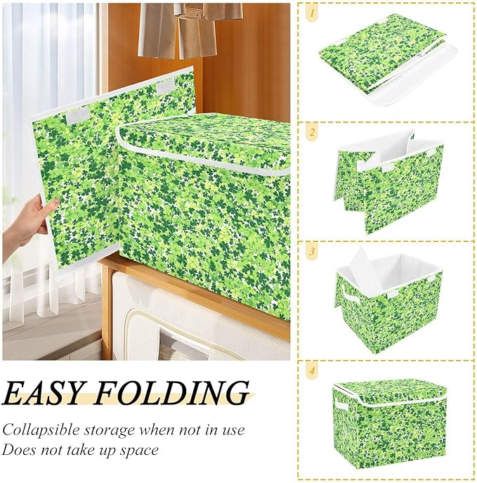 Clover Pattern Fabric Storage Bins with Lids and HandleFoldable Storage Bins with LidsCloset Organizers for Clothes Storage Room Organization Office Storage Chest Organizer