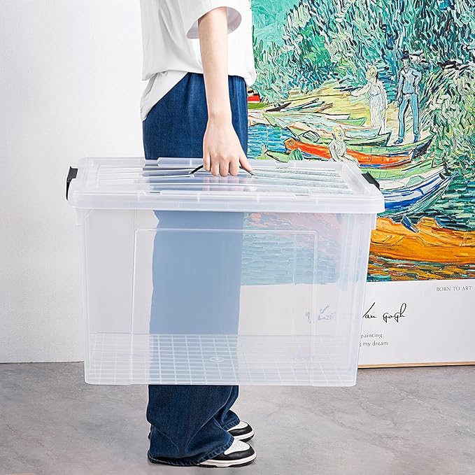 Cetomo Lidded Storage Bin with Handle Tote Organizing Container with Wheels Lid and Secure Latching Buckles Stackable and Nestable Plastic 95 Quart-6 Pack Clear
