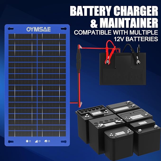 OYMSAE 12V 15W Solar Trickle Charger &amp Maintainer - Waterproof Battery Charger with Smart Controller for Car Boat RV Truck Marine - Includes Cigarette Plug &amp Alligator Clips