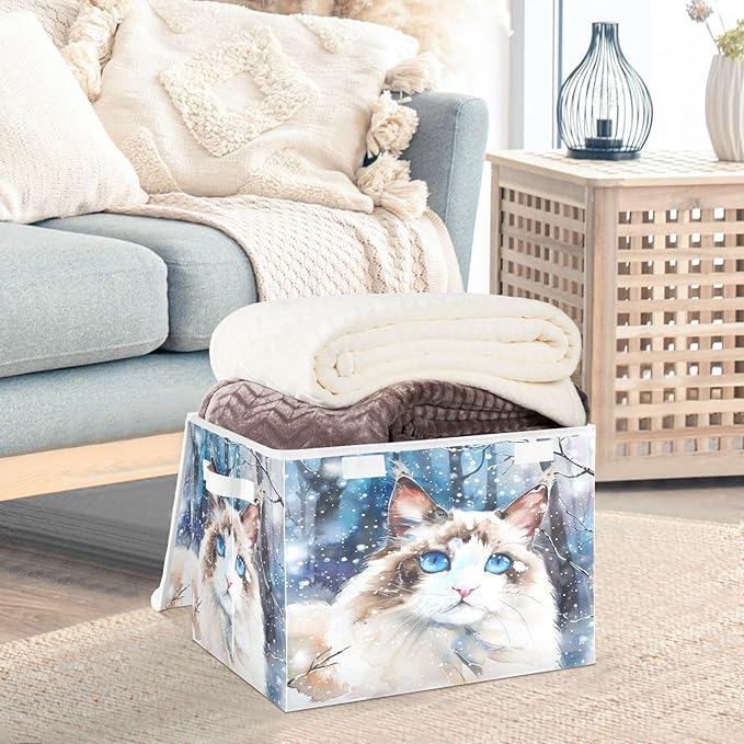 senya Winter Baskets Collapsible Storage Bins with Lids Ragdoll Cat in The Snow Storage Boxes Clothes Baskets for Organizing