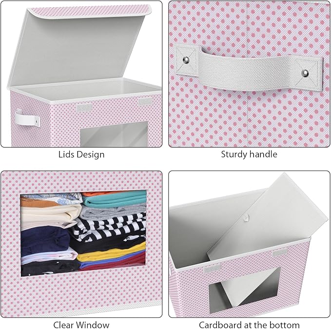 Univivi Fabric Foldable Storage Boxes [4-Pack] Large Collapsible Stackable Storage Bins with Lids Closet Organizers and Storage Cube Basket for Home Office Bedroom (Pink 17”x 12” x 12”)