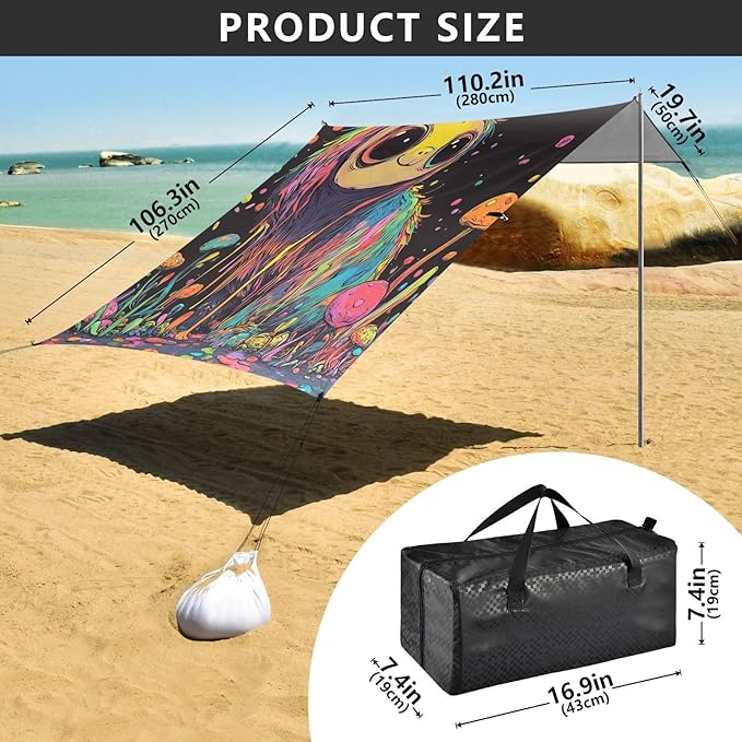 Cute Sloth Stable Beach Tent UPF50+ Water-Resistant Large Sun Shelter with Sand Pockets for Family Trips Picnics &amp Camping