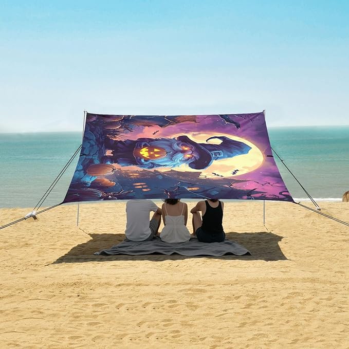 ALAZA Halloween Night Gnome Beach Tent Sun Shelter UPF50+ Protection Beach Shade Canopy w/ 4 Sandbags for Outdoor Camping Fishing Backyard Fun Picnic 10x9 ft