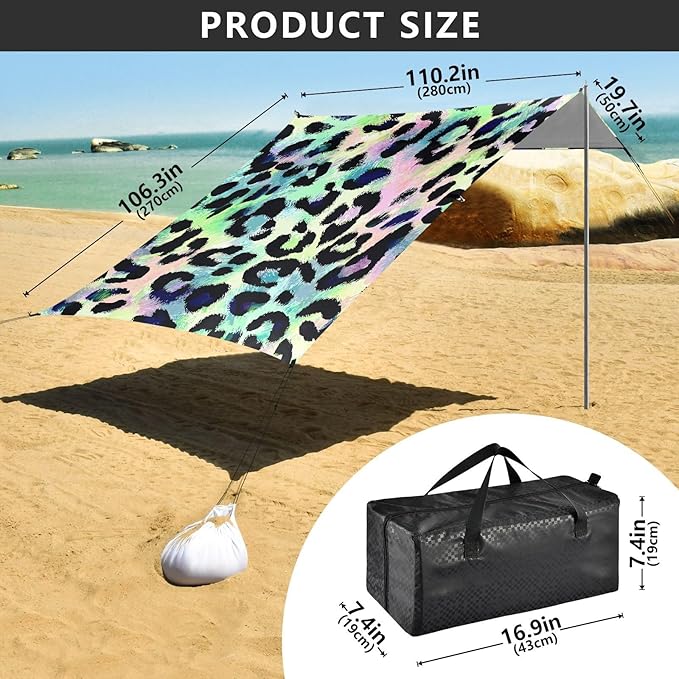 ALAZA Colorful Leopard Cheetah Beach Tent Sun Shelter UPF50+ Protection Beach Shade Canopy w/ 4 Sandbags for Outdoor Camping Fishing Backyard Fun Picnic 10x9 ft