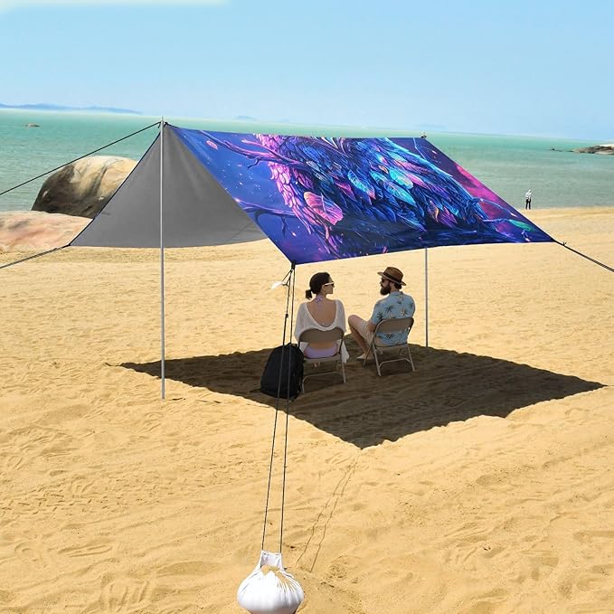 ALAZA Glowing Owl Magical Beach Tent Sun Shelter UPF50+ Protection Beach Shade Canopy w/ 4 Sandbags for Outdoor Camping Fishing Backyard Fun Picnic 10x9 ft