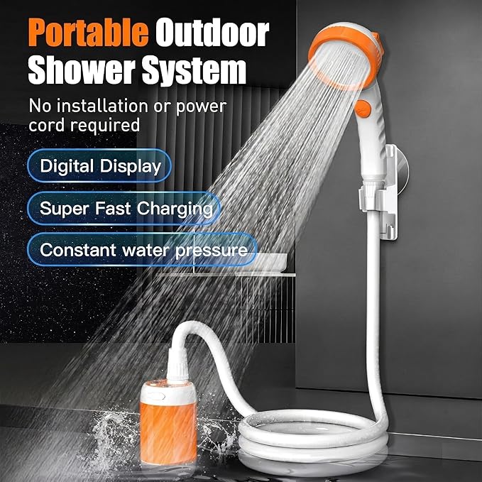 Iron Hammer Portable Outdoor Shower System with Intelligent Digital Display IPX7 Waterproof Camping Shower 5200mAh Rechargeable Battery 3 Water Discharge Modes &amp Real-Time Temperature Monitorin