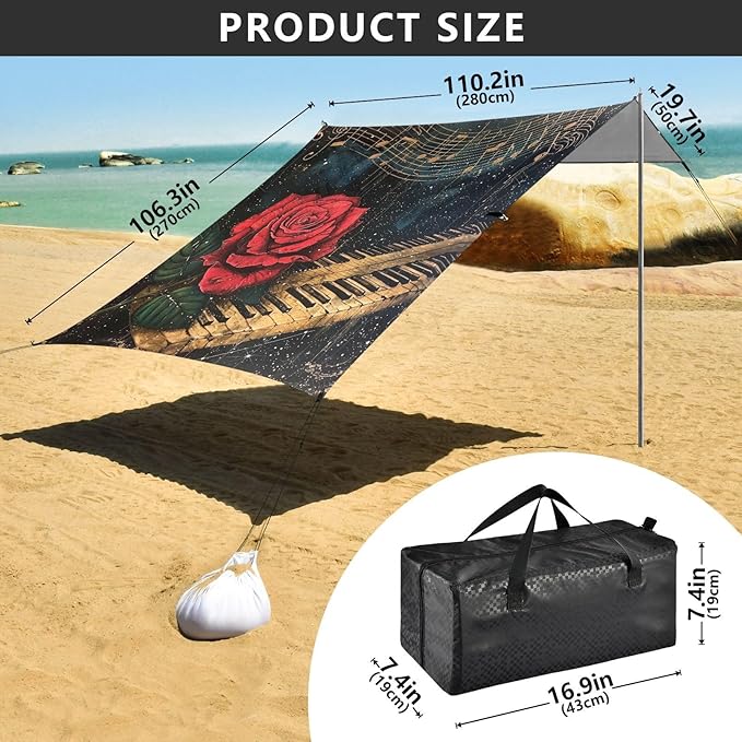 ALAZA Rose on Piano Musical Note Starry Beach Tent Sun Shelter Portable Canopy Sunshade for Outdoor Camping Picnics Backyard Fun 10x9 ft
