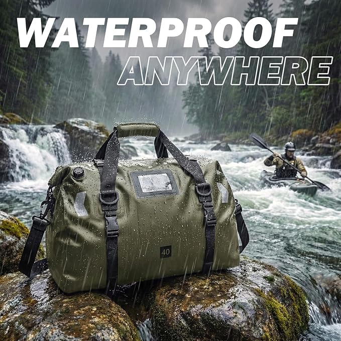 Waterproof Duffel Bag 40L - Heavy Duty Dry Bag Backpack for Motorcycle Travel Kayaking Boating &amp Camping - Watertight Roll Top Gear Bag with Air Valve &amp Reflective Strips for Men Women