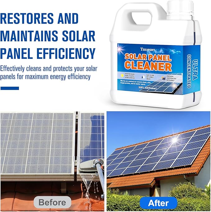 Teexpert Solar Panel Cleaner (32oz Makes 150 Gallons) Ultra Concentrated Glass &amp Solar Panel Cleaning Pro Streak-Free Ultra Quick Dry Remove Dirt Dust Droppings Oils Fingerprints &amp Water